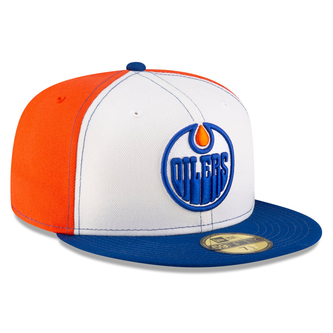 Edmonton Oilers New Era Tri-Panel White/Orange/Blue 59FIFTY Fitted Logo Hat