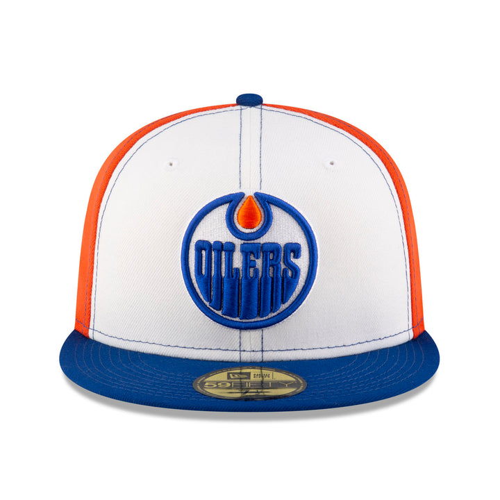 Edmonton Oilers New Era Tri-Panel White/Orange/Blue 59FIFTY Fitted Logo Hat