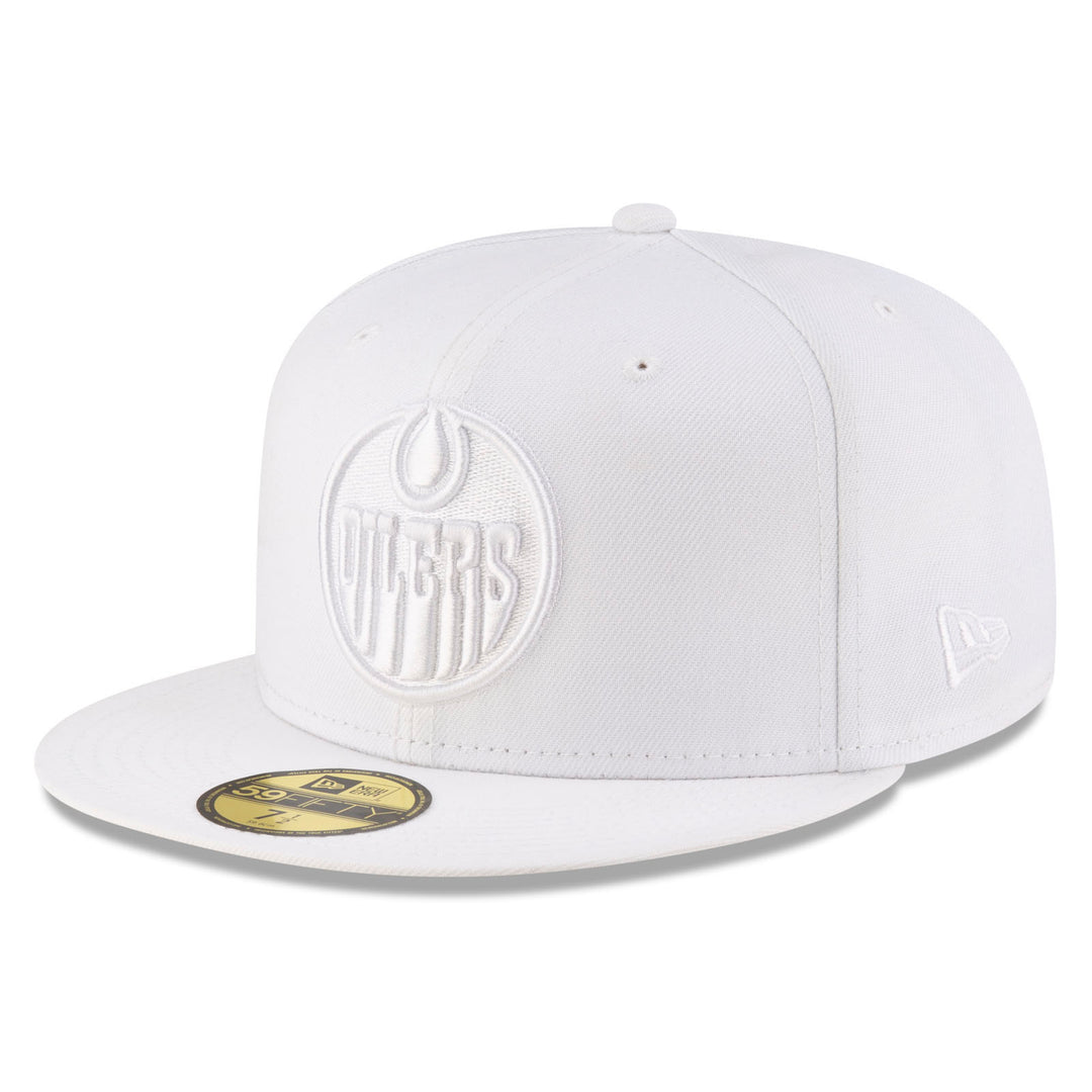 Edmonton Oilers New Era White on White Tonal 59FIFTY Fitted Logo Hat