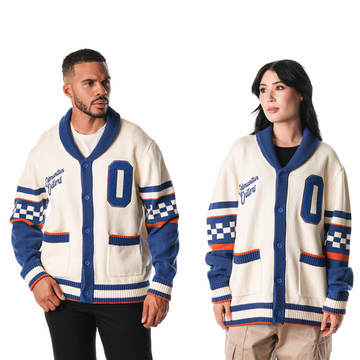 Edmonton Oilers Unisex The Wild Collective Jacquard Patterned Cream Cardigan Sweater