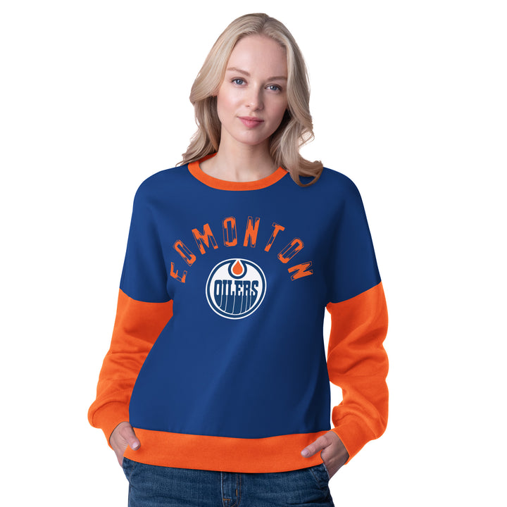 Edmonton Oilers Women's G-III Blue & Orange Arena Crewneck Sweatshirt