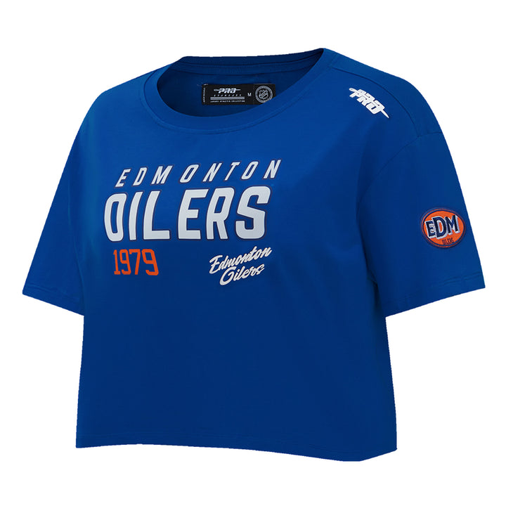 Edmonton Oilers Women's Pro Standard Fast Lane Boxy Cropped Blue T-Shirt