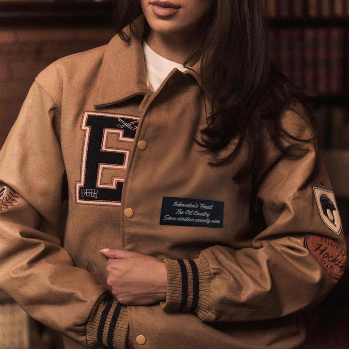 Edmonton Oilers Unisex Sports Club Atelier by Lauren McDavid Brown Legacy Varsity Jacket