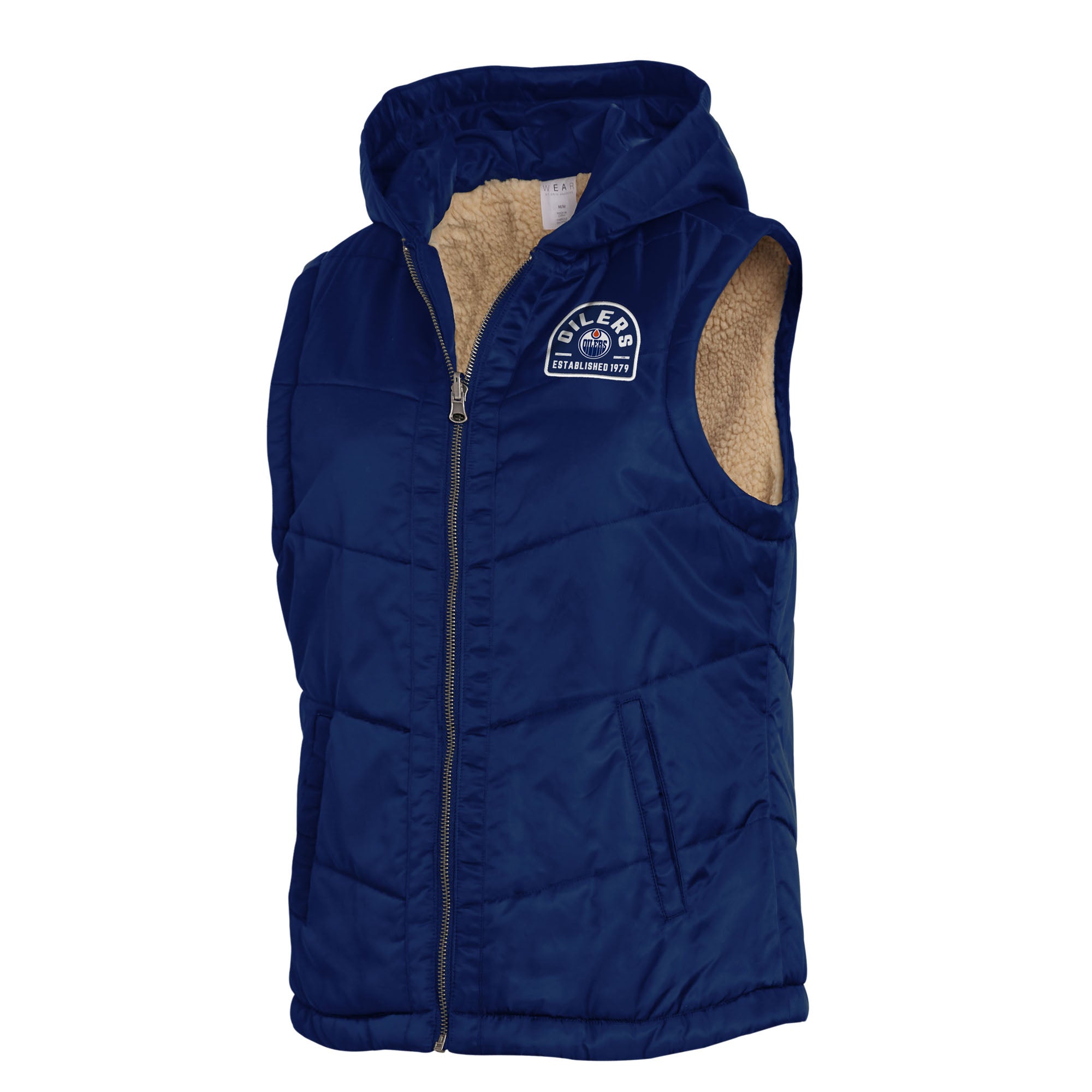 Edmonton Oilers Women s WEAR by Erin Andrews Blue Reversible Sherpa Hoodie Vest XL