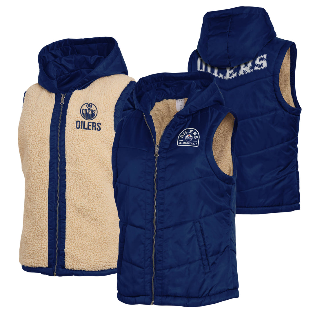 Edmonton Oilers Women's WEAR by Erin Andrews Blue Reversible Sherpa Hoodie Vest