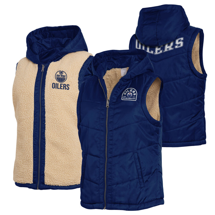 Edmonton Oilers Women's WEAR by Erin Andrews Blue Reversible Sherpa Hoodie Vest