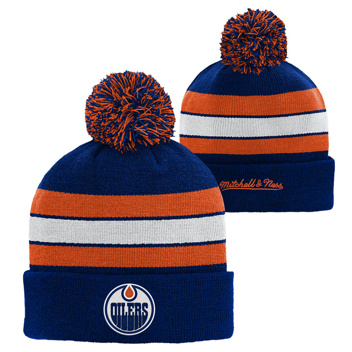 Edmonton Oilers Youth Mitchell & Ness Blue Stripe Beanie Toque w/ Pom