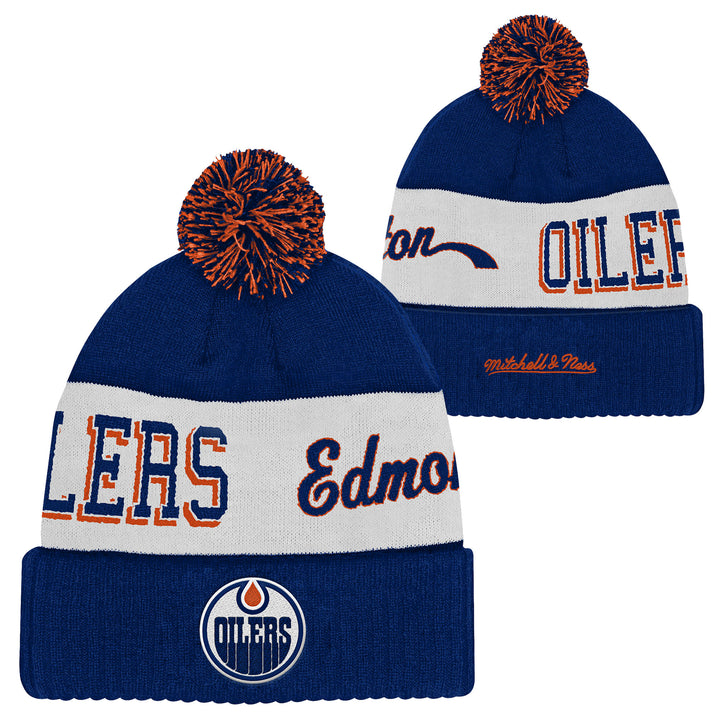 Edmonton Oilers Youth Mitchell & Ness Blue Sweep Cuffed Toque w/ Pom