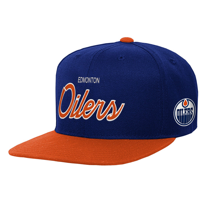 Edmonton Oilers Youth Mitchell & Ness Blue Team Script Snapback Hat