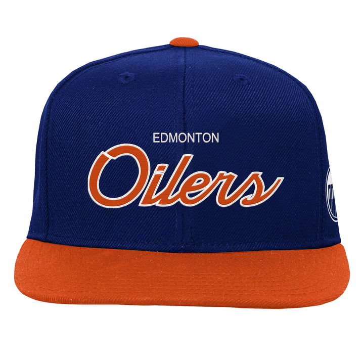 Edmonton Oilers Youth Mitchell & Ness Blue Team Script Snapback Hat