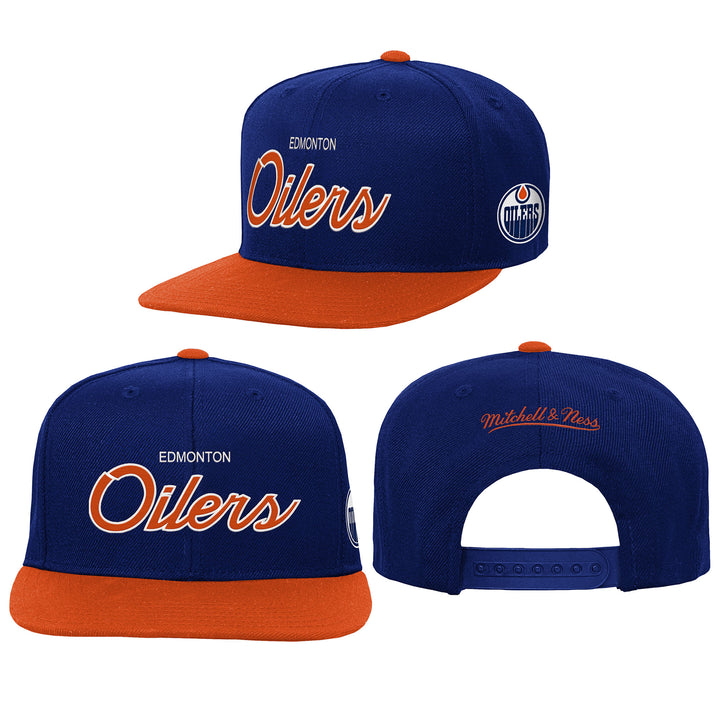 Edmonton Oilers Youth Mitchell & Ness Blue Team Script Snapback Hat