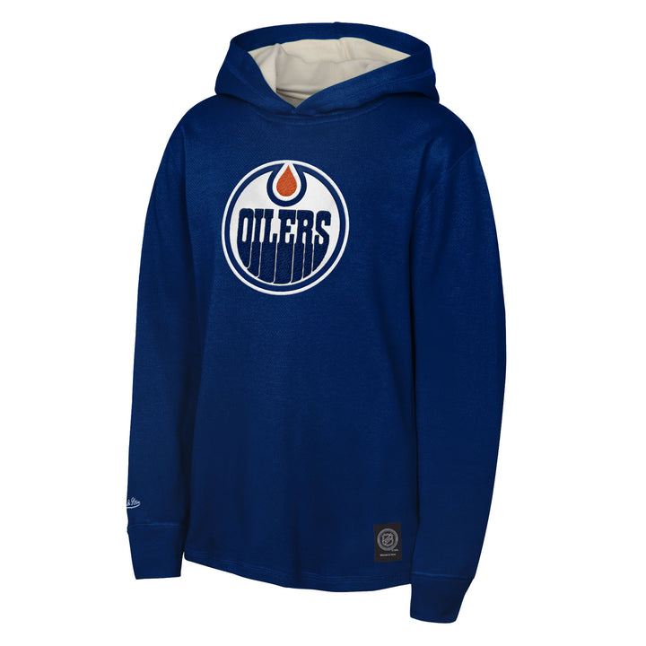 Edmonton Oilers Youth Mitchell & Ness Blue Thermal Long Sleeve Hooded Shirt