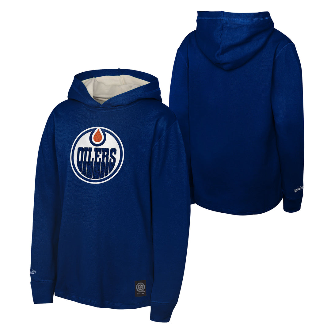 Edmonton Oilers Youth Mitchell & Ness Blue Thermal Long Sleeve Hooded Shirt