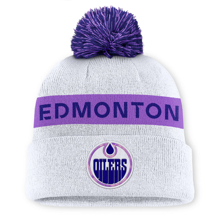 Edmonton Oilers 2024-25 Fanatics White Authentic Pro Hockey Fights Cancer Toque w/ Pom