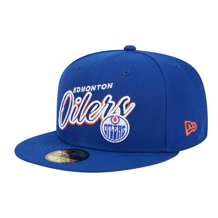 Edmonton Oilers New Era Blue Script Sided 59FIFTY Fitted Logo Hat