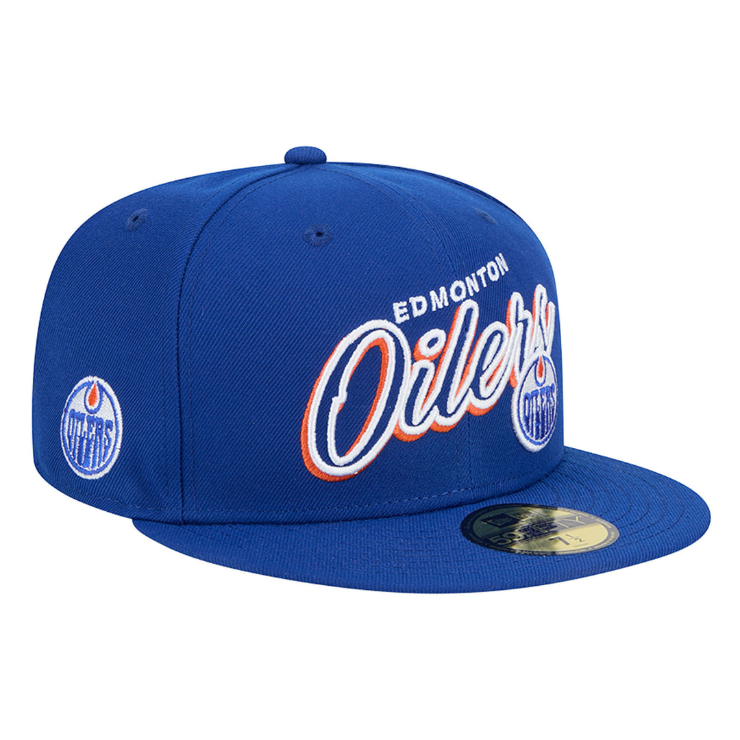 Edmonton Oilers New Era Blue Script Sided 59FIFTY Fitted Logo Hat