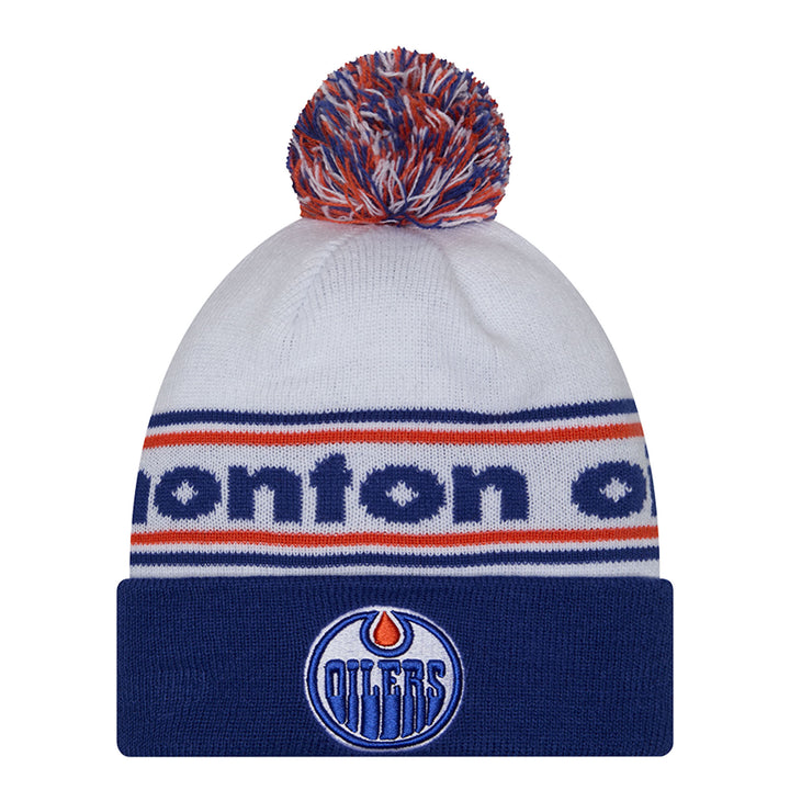 Edmonton Oilers New Era White & Blue Banded Knit Toque w/ Pom