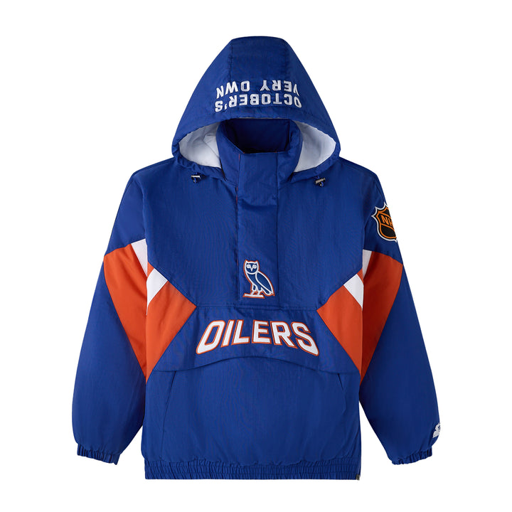 Edmonton Oilers October's Very Own OVO x Starter Blue Half-Zip Hooded Jacket