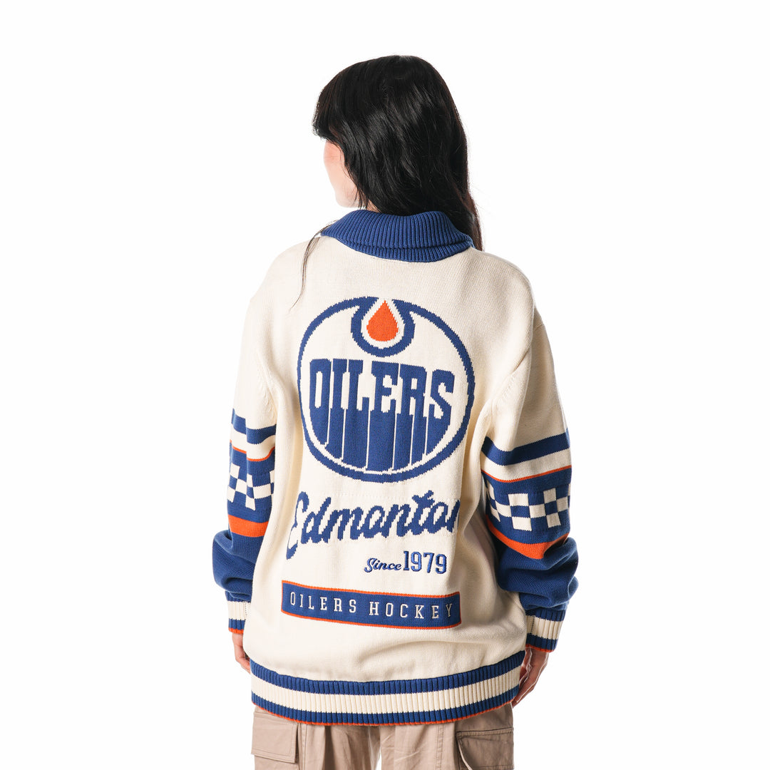 Edmonton Oilers Unisex The Wild Collective Jacquard Patterned Cream Cardigan Sweater