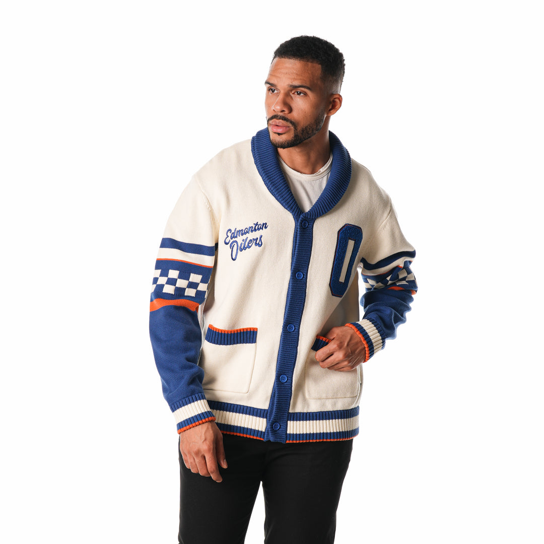 Edmonton Oilers Unisex The Wild Collective Jacquard Patterned Cream Cardigan Sweater