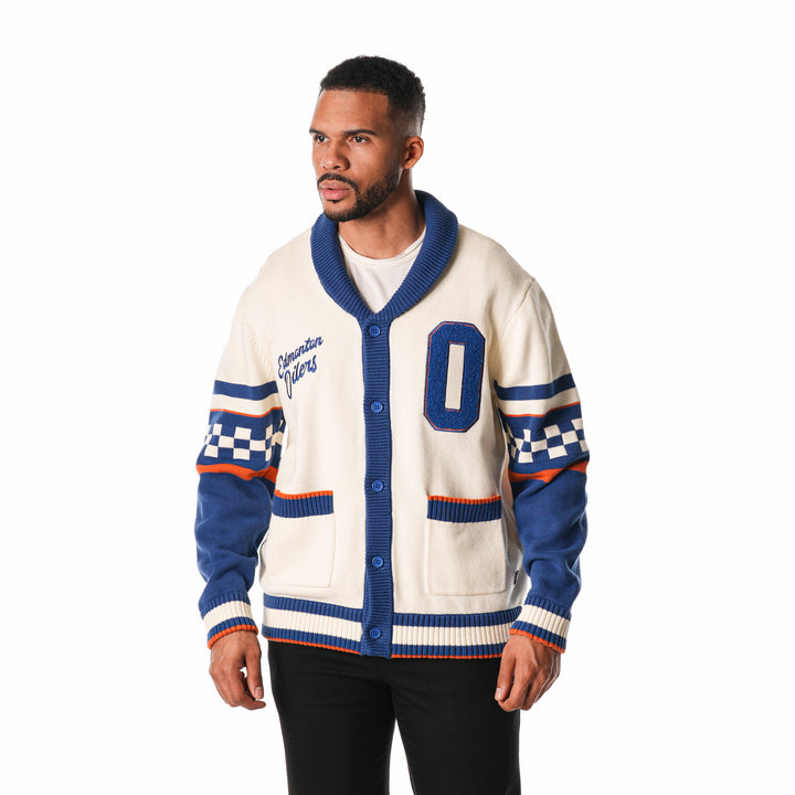 Edmonton Oilers Unisex The Wild Collective Jacquard Patterned Cream Cardigan Sweater