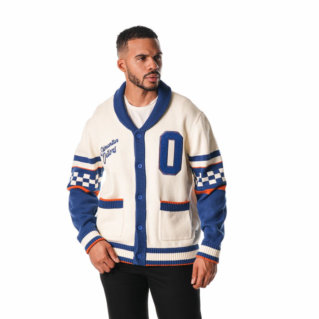 Edmonton Oilers Unisex The Wild Collective Jacquard Patterned Cream Cardigan Sweater