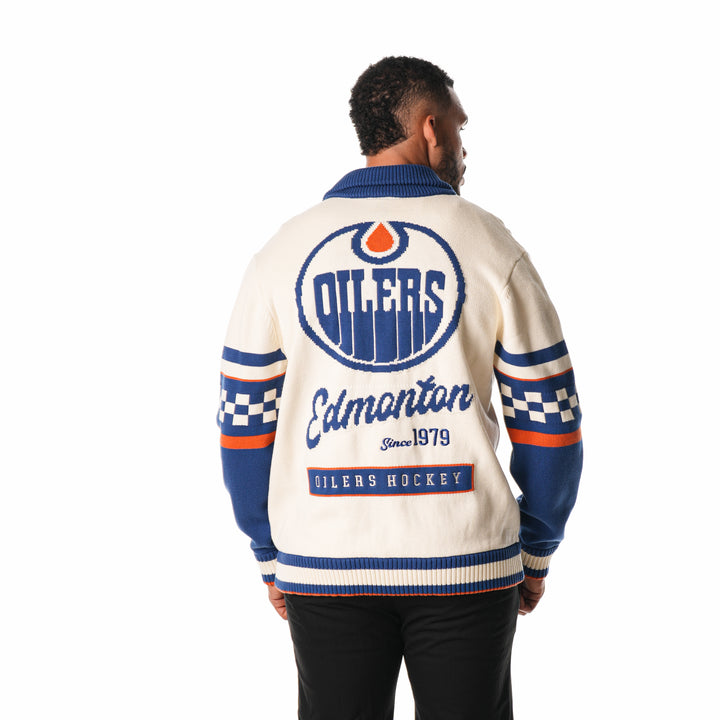 Edmonton Oilers Unisex The Wild Collective Jacquard Patterned Cream Cardigan Sweater