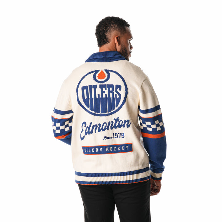 Edmonton Oilers Unisex The Wild Collective Jacquard Patterned Cream Cardigan Sweater