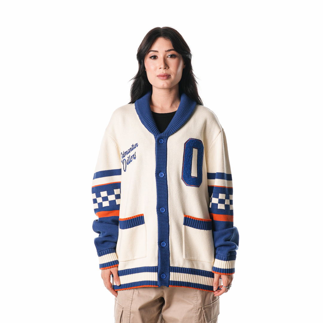 Edmonton Oilers Unisex The Wild Collective Jacquard Patterned Cream Cardigan Sweater