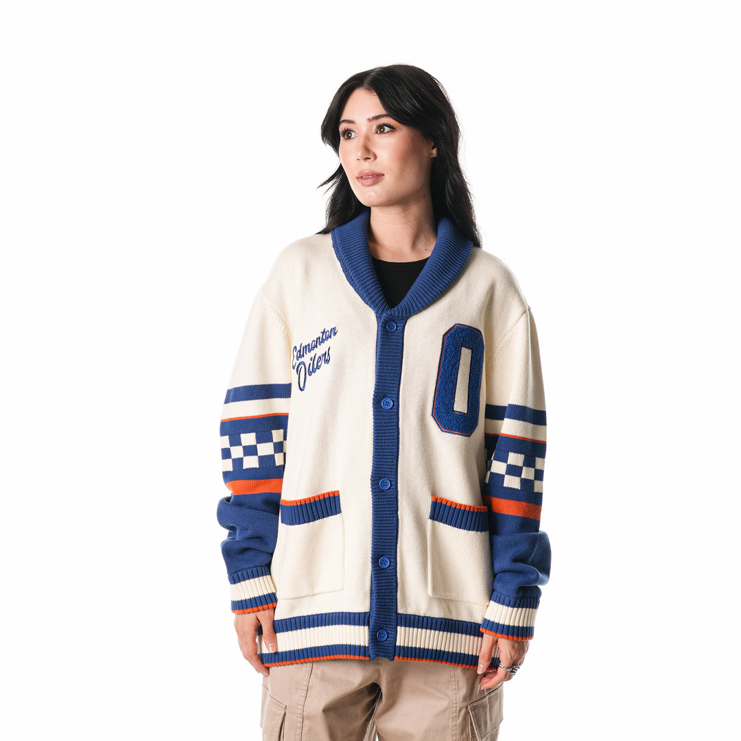 Edmonton Oilers Unisex The Wild Collective Jacquard Patterned Cream Cardigan Sweater