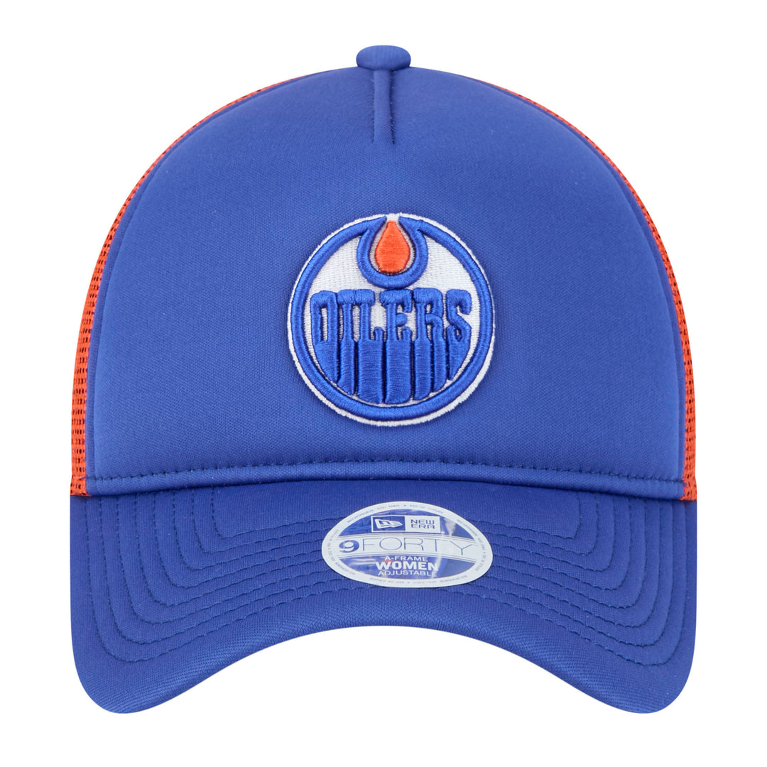 Edmonton Oilers Women's New Era Blue & Orange Mesh Throwback 9FORTY A-Frame Trucker Adjustable Hat