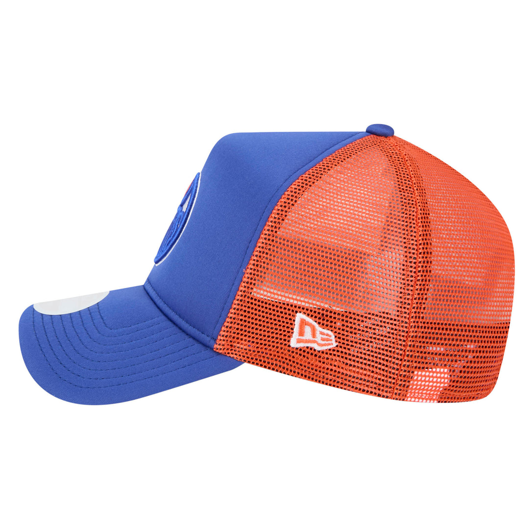 Edmonton Oilers Women's New Era Blue & Orange Mesh Throwback 9FORTY A-Frame Trucker Adjustable Hat