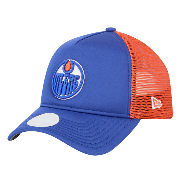 Edmonton Oilers Women's New Era Blue & Orange Mesh Throwback 9FORTY A-Frame Trucker Adjustable Hat