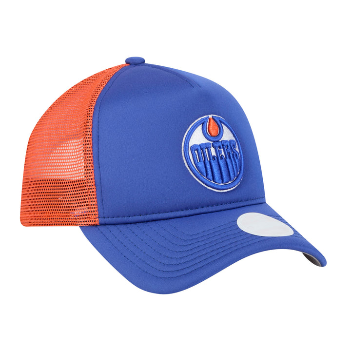 Edmonton Oilers Women's New Era Blue & Orange Mesh Throwback 9FORTY A-Frame Trucker Adjustable Hat