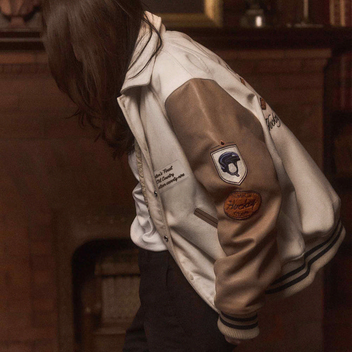 Edmonton Oilers Sports Club Atelier by Lauren McDavid Beige & Brown Legacy Varsity Jacket