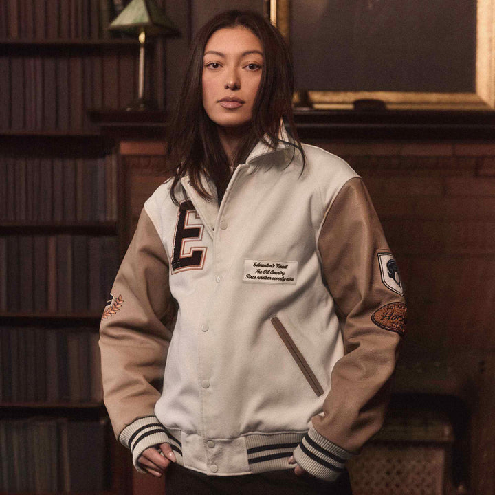 Edmonton Oilers Unisex Sports Club Atelier by Lauren McDavid Beige & Brown Legacy Varsity Jacket