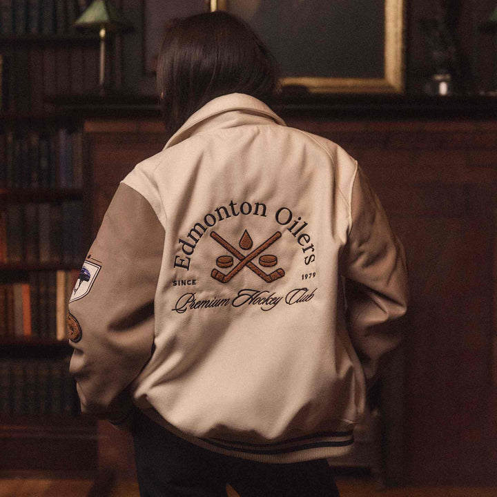 Edmonton Oilers Unisex Sports Club Atelier by Lauren McDavid Beige & Brown Legacy Varsity Jacket