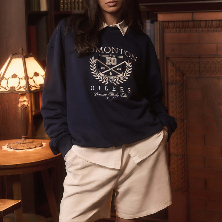 Edmonton Oilers Sports Club Atelier by Lauren McDavid Navy Campus Crest Crewneck Sweatshirt