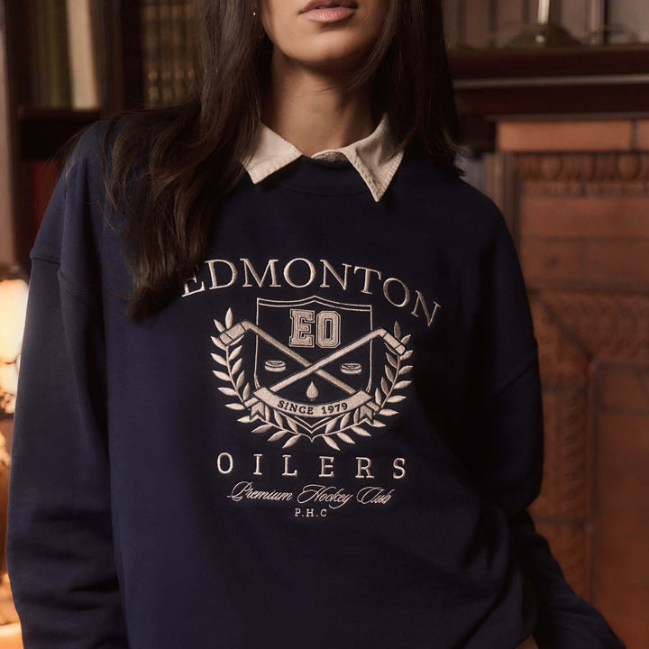 Edmonton Oilers Sports Club Atelier by Lauren McDavid Navy Campus Crest Crewneck Sweatshirt