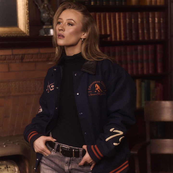 Edmonton Oilers Sports Club Atelier by Lauren McDavid Navy Varsity Jacket