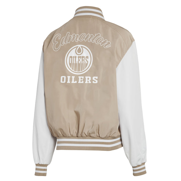 Edmonton Oilers Women's WEAR by Erin Andrews Tonal Khaki & White Bomber Jacket