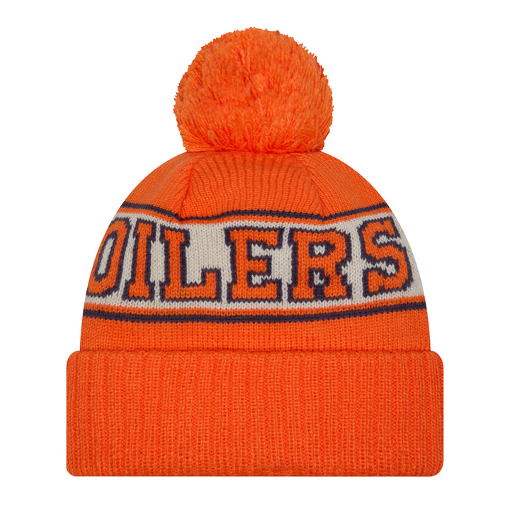 Edmonton Oilers Youth New Era Orange Retro Throwback Wordmark Cuffed Toque w/Pom