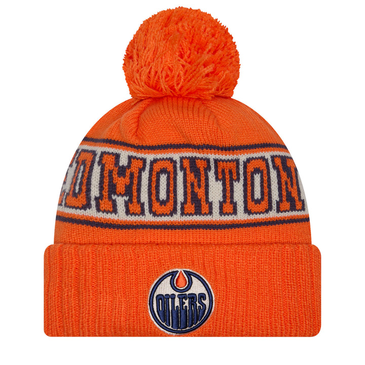 Edmonton Oilers Youth New Era Orange Retro Throwback Wordmark Cuffed Toque w/Pom