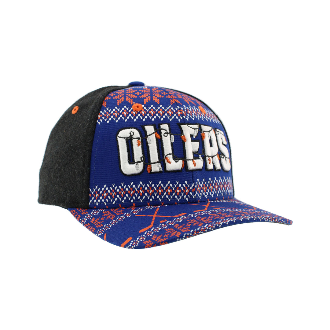 Edmonton Oilers Zephyr Blue and Grey Holiday Lights Snapback Hat