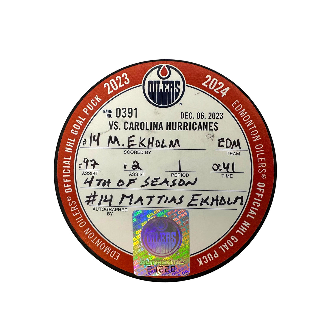 Mattias Ekholm Edmonton Oilers Autographed Goal Puck - Dec. 6/2023 vs Carolina Hurricanes #24220