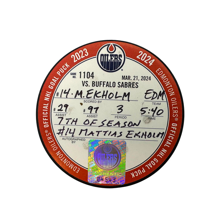 Mattias Ekholm Edmonton Oilers Autographed Goal Puck - Mar. 21/2024 vs Buffalo Sabres #24543