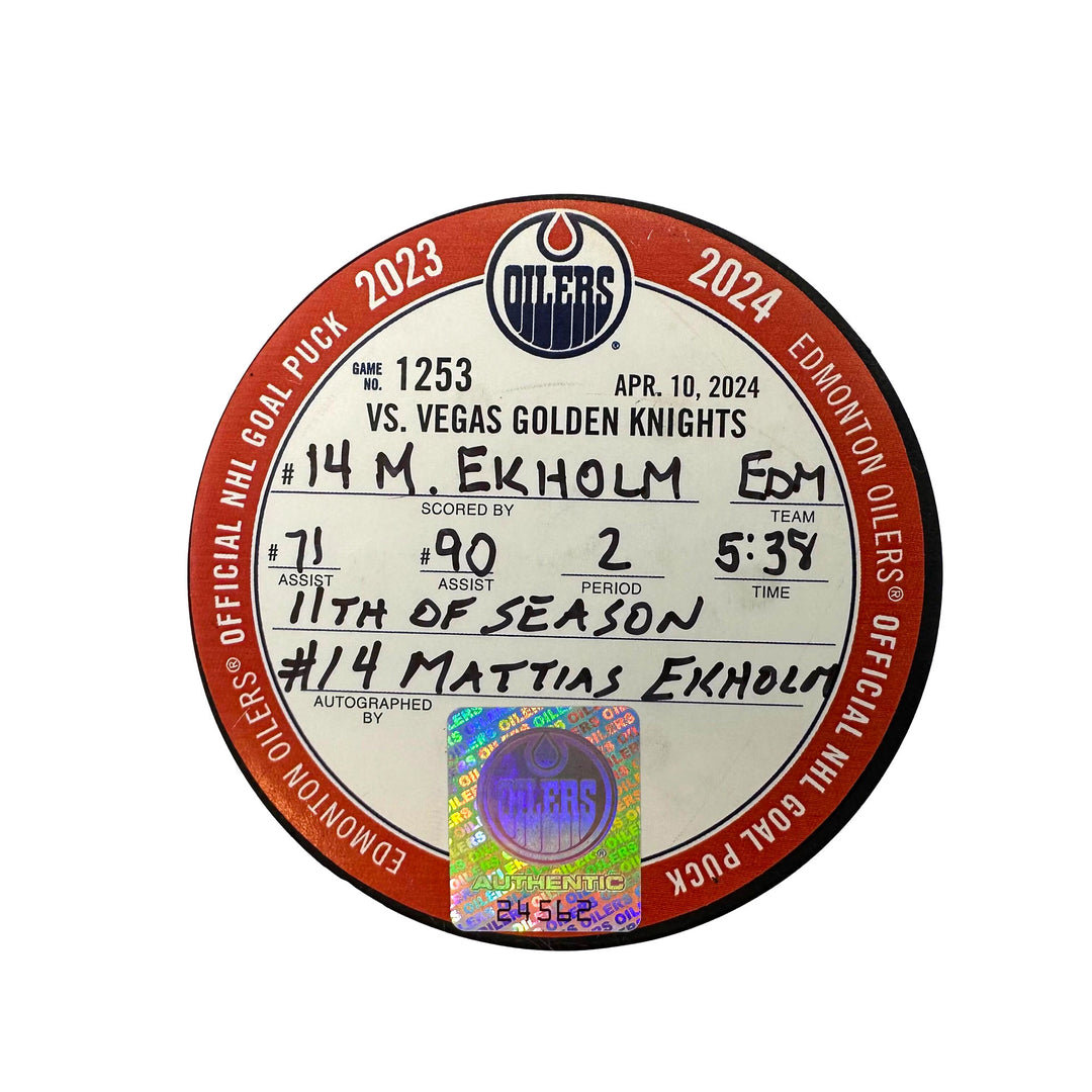 Mattias Ekholm Edmonton Oilers Autographed Goal Puck - Apr. 10/2024 vs Vegas Golden Knights #24562