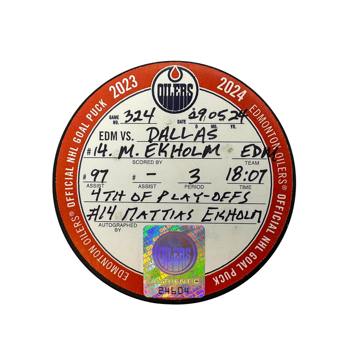 Mattias Ekholm Edmonton Oilers Autographed Playoff Goal Puck - May. 29/2024 vs Dallas Stars #24604