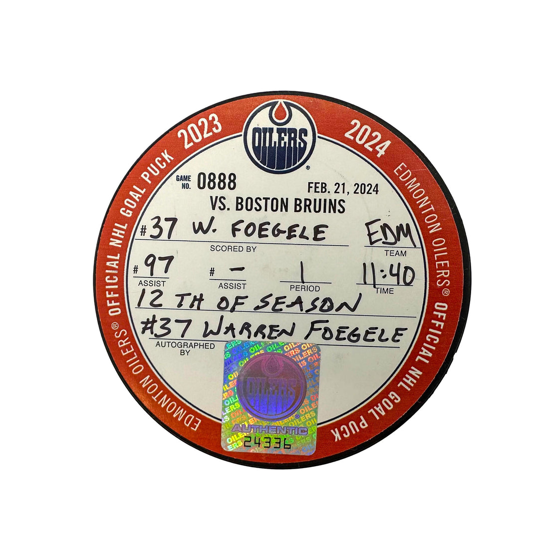 Warren Foegele Edmonton Oilers Autographed Goal Puck - Feb. 21/2024 vs Boston Bruins #24336