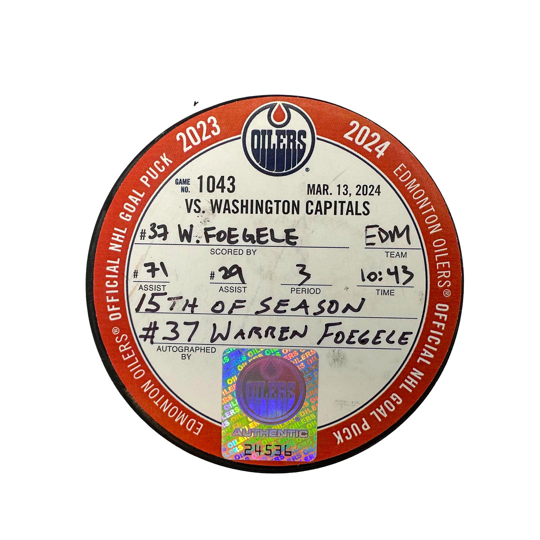 Warren Foegele Edmonton Oilers Autographed Goal Puck - Mar. 13/2024 vs Washington Capitals #24536